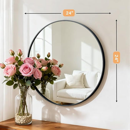 Bathroom Mirror for Wall, 24 Inch Round Mirrors | Circle Vanity Mirror for Bathroom Bedroom Living Room Entryway, Anti-Rust, Tempered Glass, Hanging or Leaning