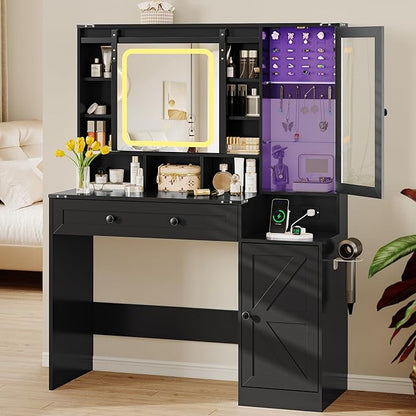 Makeup Vanity Desk with Sliding Mirror and Lights, Farmhouse Vanity Table Set with Power Outlet & RGB Cabinet, Dressing Table with Storage Drawers & Shelves for Kids Girls Women Bedroom, Black