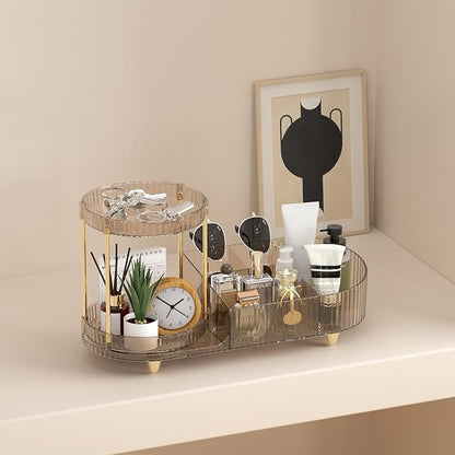 Rotating Makeup Organizer Countertop with Compartment for Vanity, Plastic Vanity Makeup Storage Organizer, 2-in-1 Desk Makeup Holders and Organizers with Perfume Tray for Cosmetics Bathroom