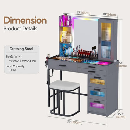 Vanity Desk with Mirror and RGB Lights，Glass top Makeup Vanity Table Set with Stool & Charging Station, Dressing Table with RGB Cabinet,6 Drawers,Lipstick Grid for Bedroom,Grey