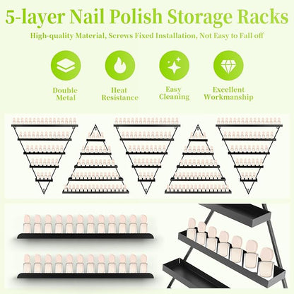 10PCS Metal Wall-Mounted Nail Polish Storage Racks, 5 Tiers Black Triangular Display Rack, Cosmetic Display Cases Lipstick Perfume Wall Shelf, Essential Oil Organizers, for Home Spa Nail Salon Shop