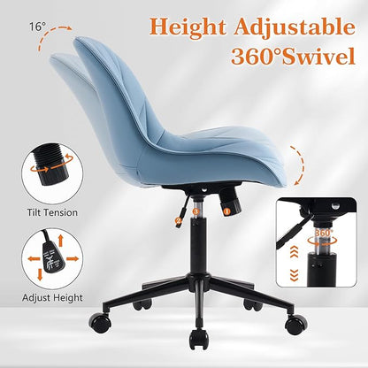 Rowill Modern Office Chair - Ergonomic Swivel Leather Desk Chair with Curved Backrest, Height Adjustable Rolling with Wheels, Perfect for Study Room & Office, Blue
