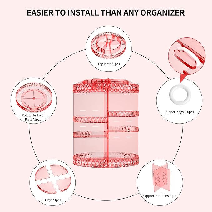 360 Rotating Makeup Organizer, DIY Adjustable Cosmetics Organizer[Patented Product], Professional Acrylic Make Up Caddy Shelf Storage Perfume, Lipsticks, Makeup Brushes or Accessories (Pink)
