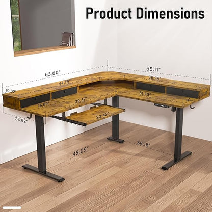 63 x 55 inch L Shaped Standing Desk with 4 Drawers & USB Charging Port, Electric Adjustable Height Corner Stand Up Desk with Keyboard Tray, Rustic Brown