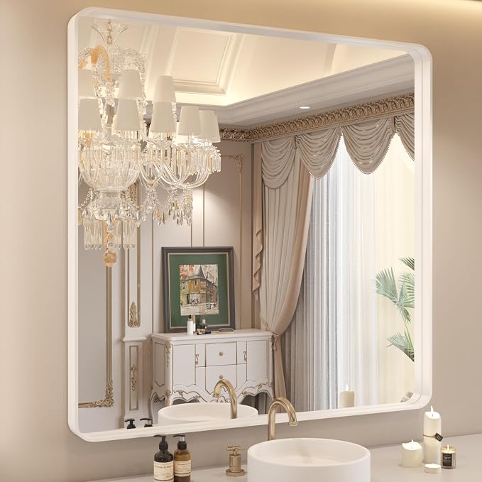 WEER White Bathroom Mirror 36X36 Inch, Rounded Rectangle White Metal Frame Mirror, Matte White Bathroom Vanity Mirror with Tempered Glass, Anti-Rust, Hangs Horizontally or Vertically