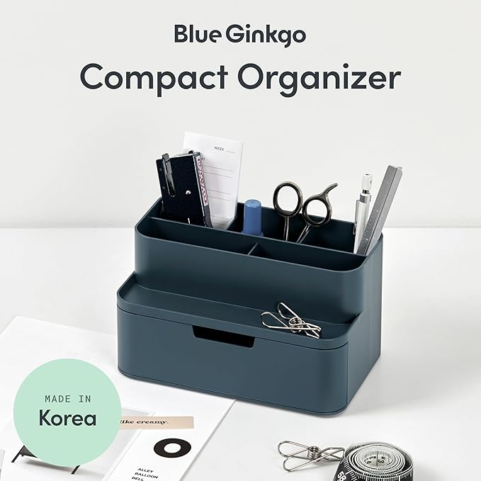 BLUE GINKGO Compact Desk Organizer – Small 5-Compartment, Half Drawer Storage – Pen Holder, Stationery Organizer for Desktop, Vanity, Shelf (Made in Korea, Blue)