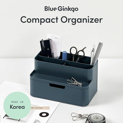 BLUE GINKGO Compact Desk Organizer – Small 5-Compartment, Half Drawer Storage – Pen Holder, Stationery Organizer for Desktop, Vanity, Shelf (Made in Korea, Blue)