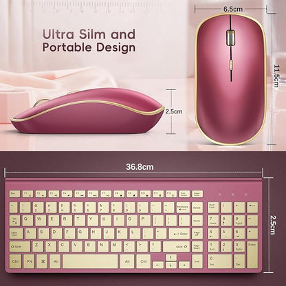 JOYACCESS Wireless Keyboard and Mouse, 2.4g Slim and Ergonomic Wireless Keyboard Mouse Combo- Full Size and Portable Design for Laptop/Windows/Computer-Wine Red Gold