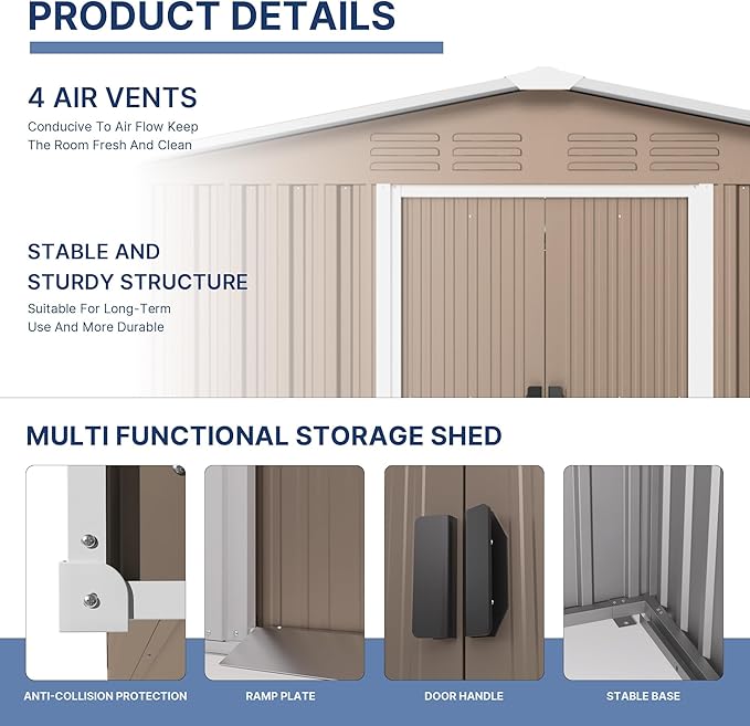 Kullavik 8FT x 6FT Outdoor Storage Shed,Waterproof Metal Tool Shed with Lockable Sliding Door and Air Vents,Metal Storage Shed for Garden,Patio