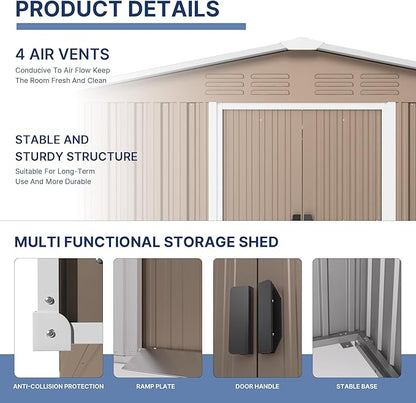 Kullavik 8FT x 6FT Outdoor Storage Shed,Waterproof Metal Tool Shed with Lockable Sliding Door and Air Vents,Metal Storage Shed for Garden,Patio