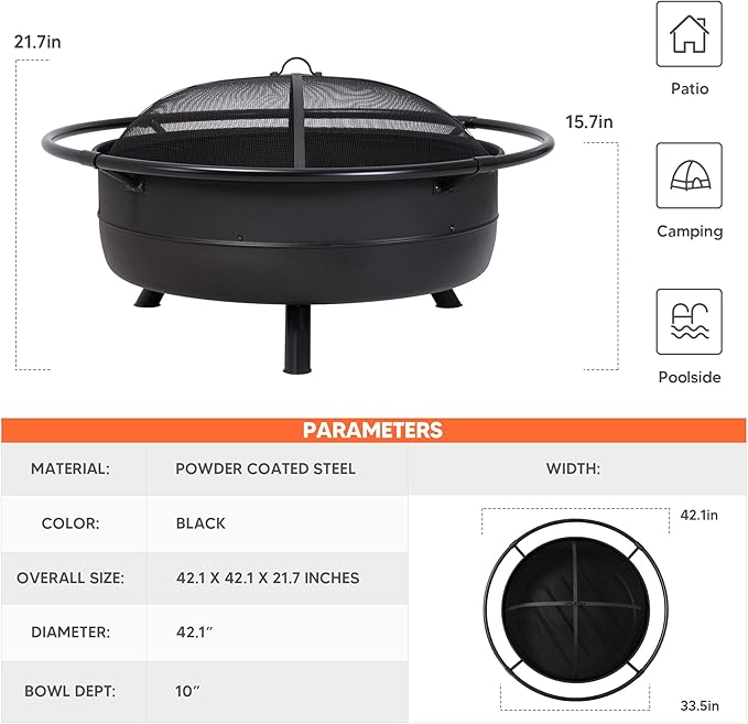 SUNCREAT 42" Outdoor Portable Fire Pit with Spark Screen, Fire Poker, Wood Burning Patio Fire Pits with Protective Ring, Black
