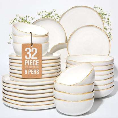 Pokini 32 Piece White Dinnerware Set with Pasta Bowls, Reactive Glaze Stoneware for 8 | Perfect for Multi‑Course Dinners, Hosting Large Groups, Holiday Serving Needs
