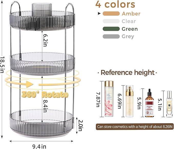 360° Rotating Makeup Organizer, Upgraded 3 Tier Skincare Perfume Organizers for Women, Bathroom Organizer Countertop, Clear Cosmetic Dresser Organizer with Makeup Brush Holder, Sink&Counter(Grey)