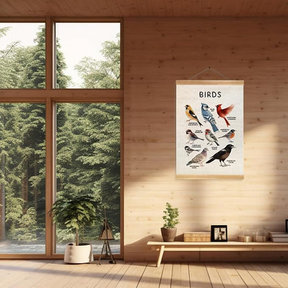 ZTGDA Birds Vintage Wall Art – Hanging Poster with Solid Wood Frame, Linen Canvas Bird Illustration Poster,Birds Wall Decor for Living Room Playroom Classroom, Birds Lovers Gift 12x16inch