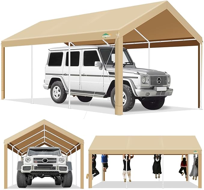 COBIZI Carport 10x20ft Heavy Duty Portable Garage, 2.0 Powder Coated Frame(Better Than Galvanized), Waterproof Shelter with Built-in Sandbags, for Car/Boat/SUV, Khaki