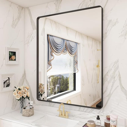 28x36 Black Matte Bathroom Mirror, Rectangle Framed Vanity Mirror for Wall, Rounded Corner, Anti-Rust, Shatterproof (Horizontally/Vertically)