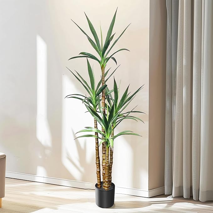 Artificial Trees 4.8Ft Faux Tree 4 Heads Agave Plants, Tall Plant Fake Plant with Plastic Pot for Home Decor, Office Decor