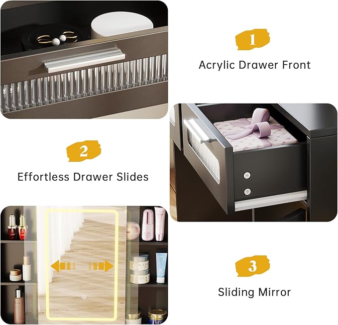 Hadulcet Makeup Vanity Desk with LED Lights Mirror, 43" Black Vanity Desk with Mirror and Lights, Sliding Mirror & RGB Drawers, Power Outlet, Dressing Table for Women Girls Bedroom