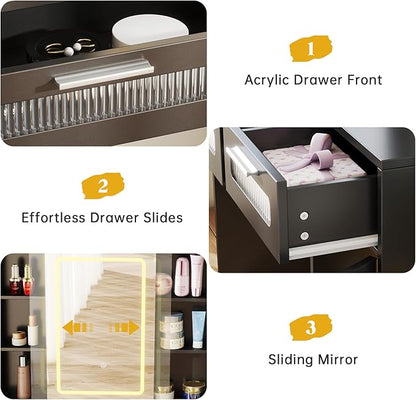 Hadulcet Makeup Vanity Desk with LED Lights Mirror, 43" Black Vanity Desk with Mirror and Lights, Sliding Mirror & RGB Drawers, Power Outlet, Dressing Table for Women Girls Bedroom