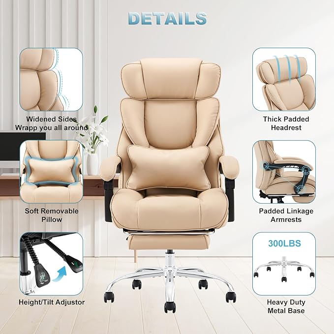 COLAMY Office Chair with Retractable Footrest, Ergonomic High Back Design Executive Computer Desk Chair with Removable Lumbar Pillow, 90-135°Reclining,Thick Bonded Leather for Home Office,2pcs-Khaki