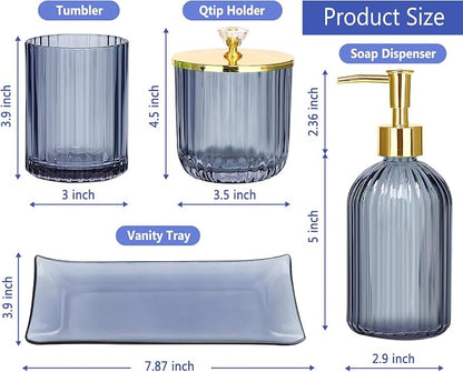 Haturi Bathroom Accessories Set, 4 Pcs Blue Glass Bathroom Accessories Sets Complete w/Lotion Soap Dispenser, Toothbrush Holder, Apothecary Jar, Vanity Tray, Bathroom Decor, Gift for Home Apartment