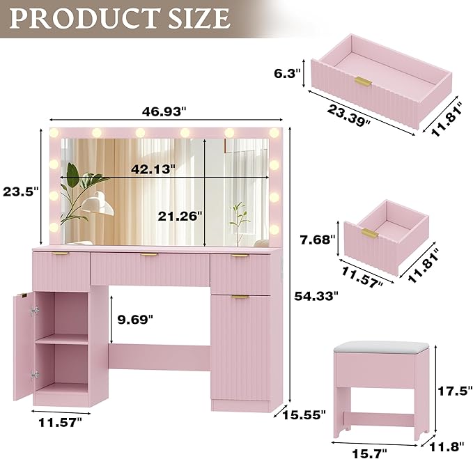 Vanity Desk with Large 42" Mirror and Lights, Pink Fluted Makeup Table Set with Storage Drawers, Power Outlet & Stool, 3 Lighting Modes & Adjustable Brightness, Dressing Table for Women Girls Bedroom