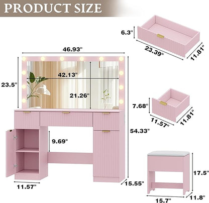 Vanity Desk with Large 42" Mirror and Lights, Pink Fluted Makeup Table Set with Storage Drawers, Power Outlet & Stool, 3 Lighting Modes & Adjustable Brightness, Dressing Table for Women Girls Bedroom