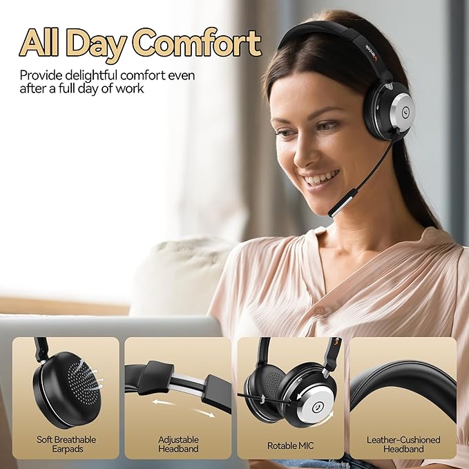 Wireless Headset with Mic for Work, 2.4G USB Dongle & Mic Mute for
