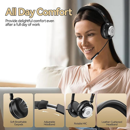 Wireless Headset with Mic for Work, 2.4G USB Dongle & Mic Mute for