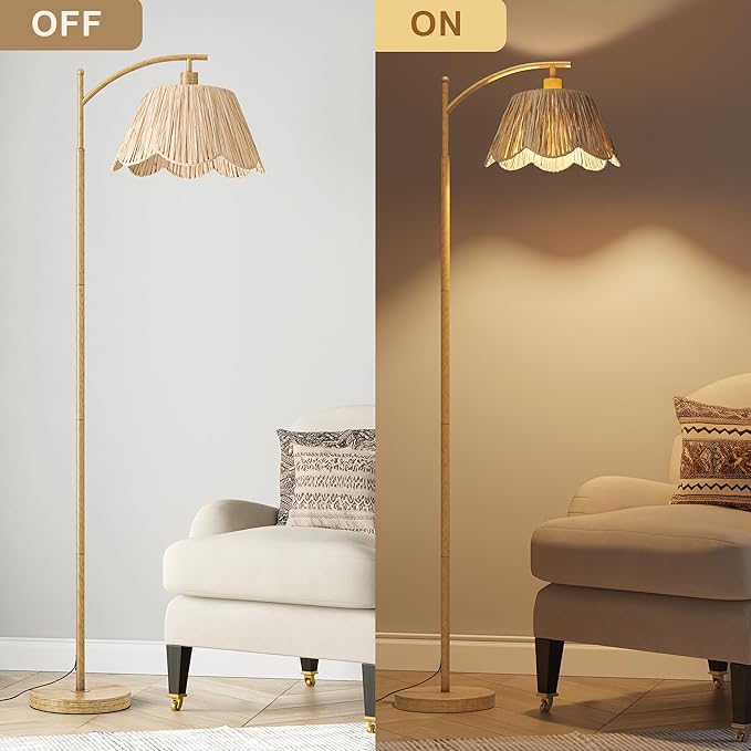 Oneach Arc Floor Lamp for Living Room with 3 Color Temperatures, Rattan Boho Floor Lamp with Remote & Dimmable Bulb, Farmhouse Floor Lamps Suitable for Bedroom, Study(Light Woodgrain)