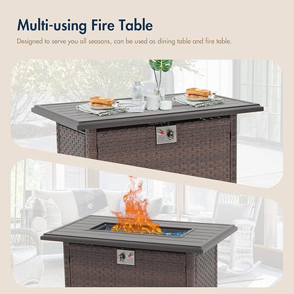 SUNSITT Outdoor Fire Pit Table 43 Inch Wicker Propane Fire Pit with Aluminum Tabletop 50,000 BTU Gas Firepit with Fire Glass, Lid, Cover, Brown Rattan