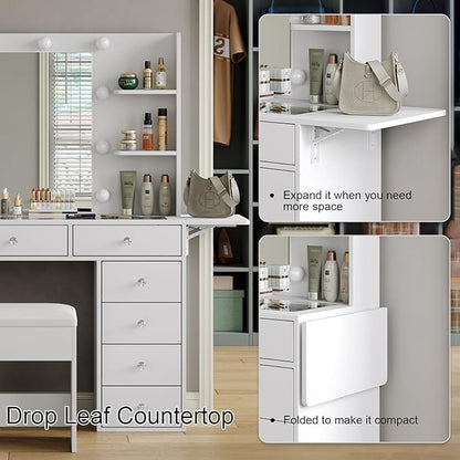 Vanity Desk with Power Outlet, 11 Drawers Makeup Vanity with Lighted Mirror, 3 Colors Adjustable, Glass Top Vanity with Chair, 4 Shelves and Fold-up Panel, Dressing Table for Bedroom, White