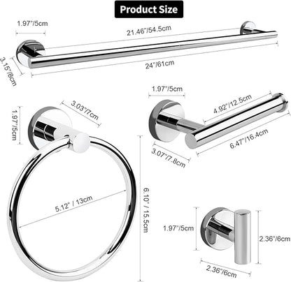 Polished Chrome Bathroom Hardware Accessories Set 5 Piece, Stainless Steel Bath Towel Bar Set 24 Inch,Toilet Paper Holder,Towel Ring Holder,Towel Rack Set,Gold Bathroom Accessories Kit Silver