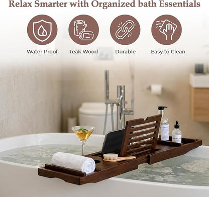 Expandable Teak Wood Bathtub Tray Caddy with Wine Glass Holder – Adjustable Luxury Wooden Bath Tub Tray Table for Spa, Book, Tablet & Bathroom Accessories