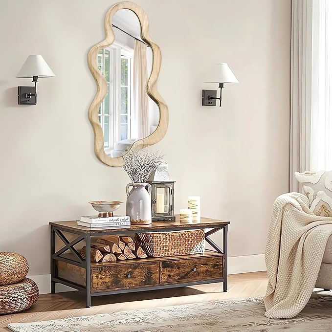 Asymmetrical Mirror Large Irregular Wall Mirror Modern Wood Frame Unique Artistic Mirrors Cute and Stylish Cloud Wavy Mirror Decorative for Cloakroom Bedroom Living Room Bathroom Entryway