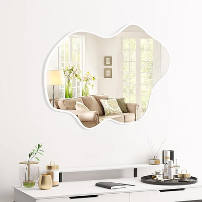 Tanmicoshomy White Irregular Wall Mirror 24x36 Inch, Cloud Shaped Frame Asymmetrical Wavy Mirror with Tempered Glass for Bathroom Bedroom Living Room or Entryway