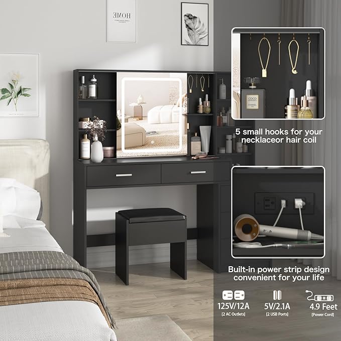 Fameill Vanity Desk with Mirror and Lights, Makeup Vanity with 5 Drawers, Makeup Desk with Charging Station and Ample Storage, Dressing Table with Chair for Bedroom Room (Black)