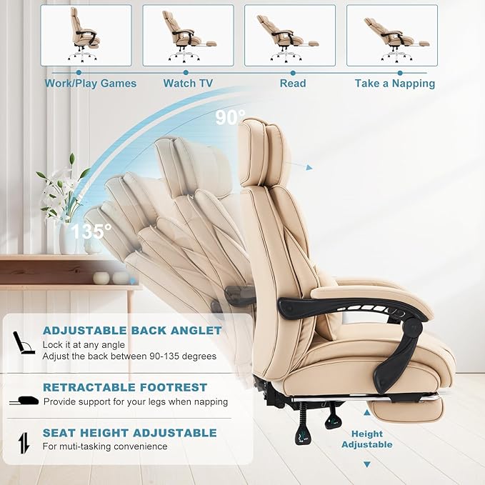 COLAMY Office Chair with Retractable Footrest, Ergonomic High Back Design Executive Computer Desk Chair with Removable Lumbar Pillow, 90-135°Reclining,Thick Bonded Leather for Home Office,2pcs-Khaki