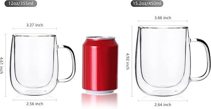 CNGLASS Large Double Wall Glass Coffee Mug 15.2oz,Clear Insulated Glass Espresso Cup with Big Handle,Clear Glass Espresso Mugs for Latte,Cappuccino,Tea Bag,Hot and Cold Beverages,set of 4