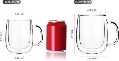CNGLASS Large Double Wall Glass Coffee Mug 15.2oz,Clear Insulated Glass Espresso Cup with Big Handle,Clear Glass Espresso Mugs for Latte,Cappuccino,Tea Bag,Hot and Cold Beverages,set of 4