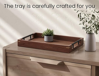 Fibogollo Walnut Wood Serving Tray with Metal Handles,15x10in Ottoman Decorative Trays Platter for Coffee Table,Living Room,Bar(Medium)