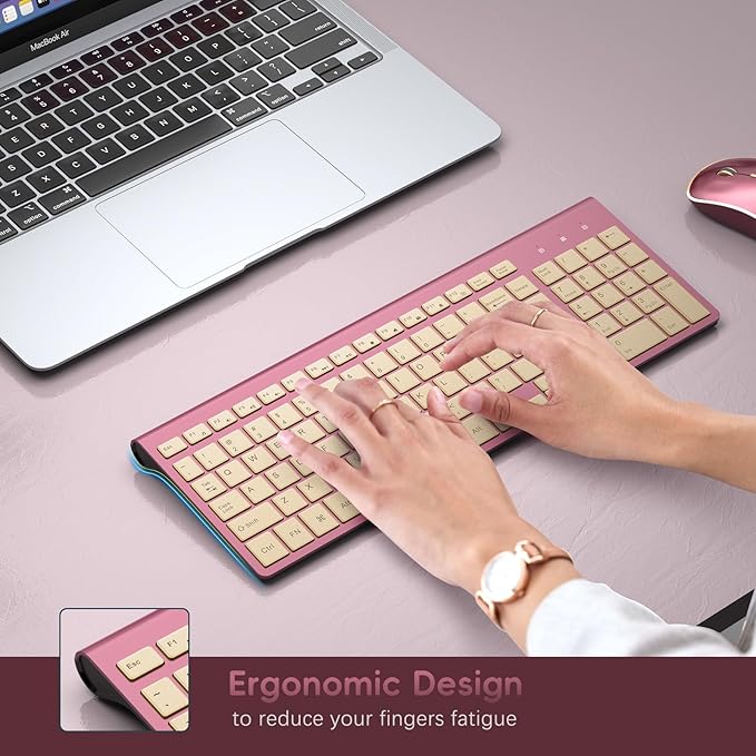 JOYACCESS Wireless Keyboard and Mouse, 2.4g Slim and Ergonomic Wireless Keyboard Mouse Combo- Full Size and Portable Design for Laptop/Windows/Computer-Wine Red Gold