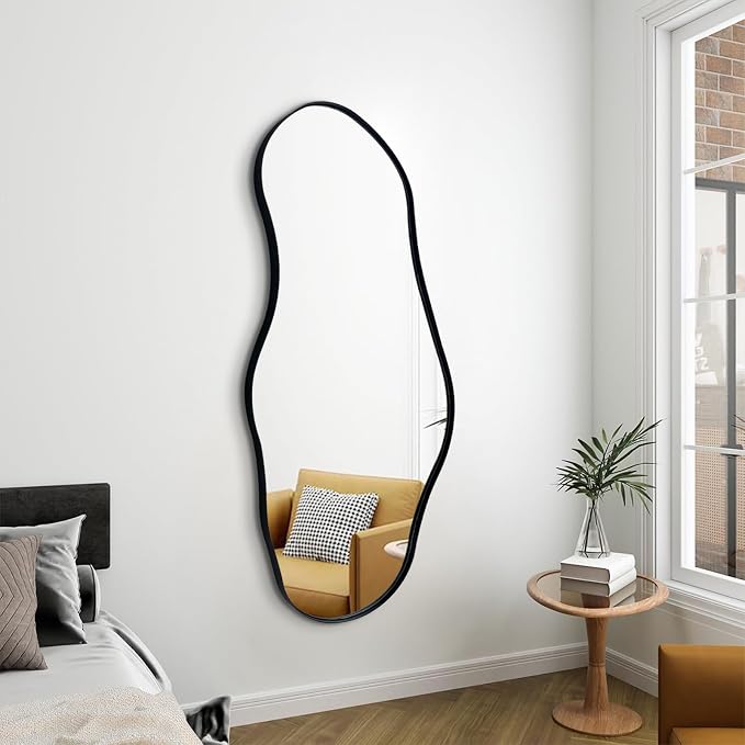 Irregular Wall Mirror, 47"x20.5" Asymmetrical Decorative Accent Mirror with Black Metal Frame, Organic Shape Mirrors for Entryway Bedroom Living Room, Horizontal or Vertical Hanging