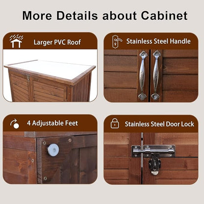 Outdoor Storage Cabinet, Wood Garden Shed, Pool Storage Shed with Lockable Door, Waterproof Roof and 2 Removable Shelves, Vertical Outside Storage Shed for Patio, Backyard, Carbonized Black