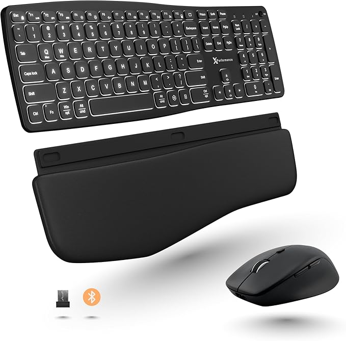 X9 Backlit Wireless Keyboard and Mouse (Bluetooth + 2.4G) Ergonomic Keyboard and Mouse Wireless Combo with Wrist Rest, Rechargeable, Light Up, Full-Size Set for Phone, Computer, Laptop, Windows, Mac