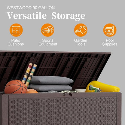 90 Gallon Resin Deck Box, Weatherproof Outdoor Storage Box for Patio, Garden, Pool, and Yard, Lockable Waterproof Bin for Tools, Cushions, and Accessories, Brown