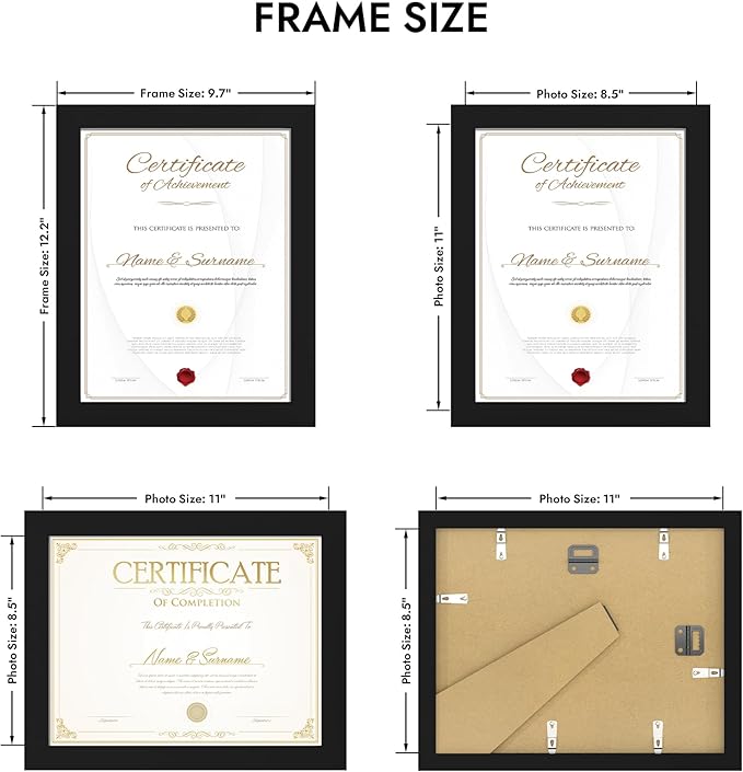 8.5 by 11 Diploma Picture Frame, Made of Real Glass and Wooden Certificate Frame, Horizontal and Vertical Display for Wall or Tabletop (Black, 1Pack)