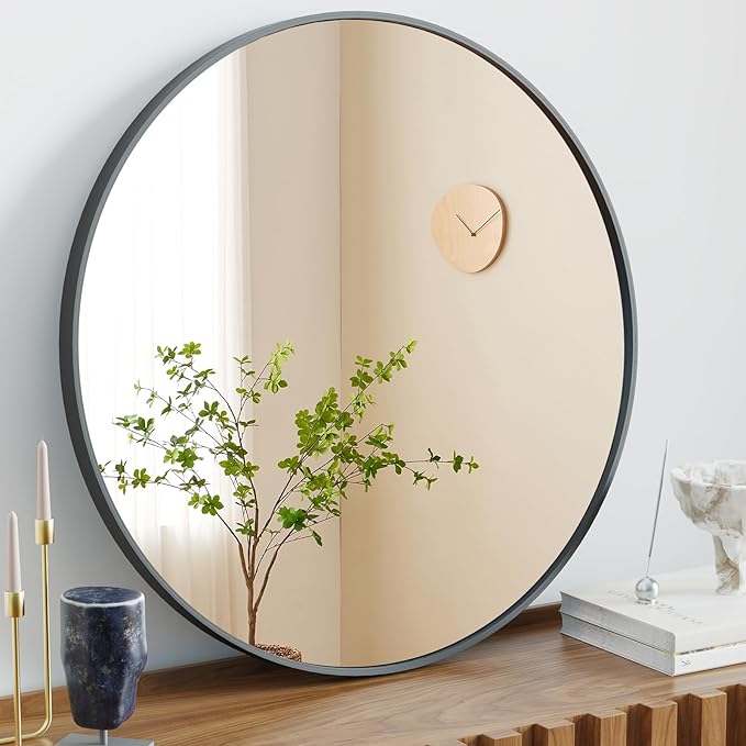 NEWBULIG Round Bathroom Mirror for Over Sink, 24 Inch Wall Mount Vanity Circle Mirror with Matte Metal Framed, Decor for Bathroom, Entryway, Bedroom, Black