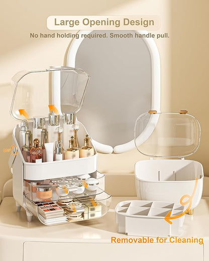 Makeup Organizer with Lipstick Holder, Skincare Organizers Storage Box Cosmetic Display Cases, Teen Girl Gifts Make up Organizers for Vanity, Dresser, Countertop, Bathroom(Silver)