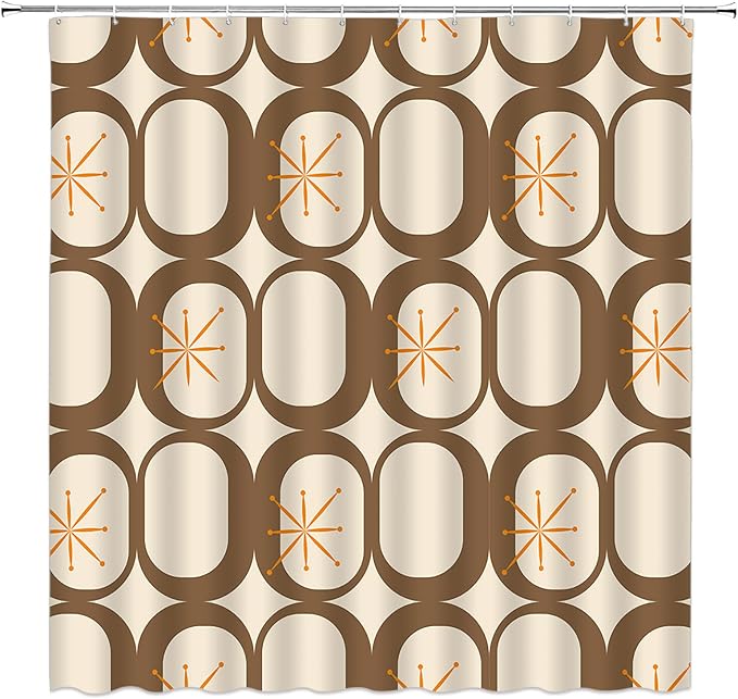 Mid Century Modern Extra Long Shower Curtain Abstract Atomic Geometric Round Squares Retro 50s Brown Fabic with Hooks for Bathroom Decor,70x78 Inch